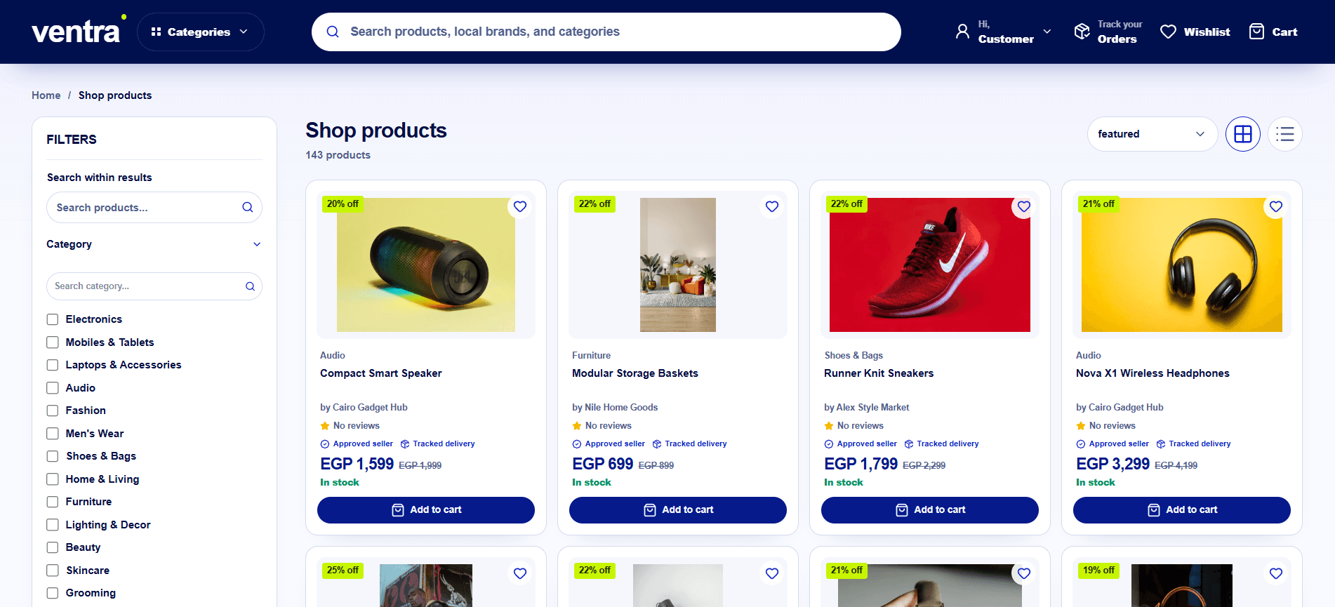 Ventra product catalog design with filters, product cards, and pagination
