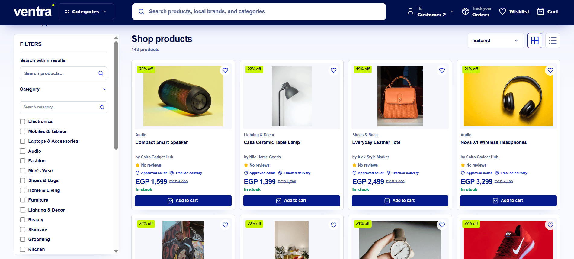 Ventra product catalog design with filters, product cards, and pagination